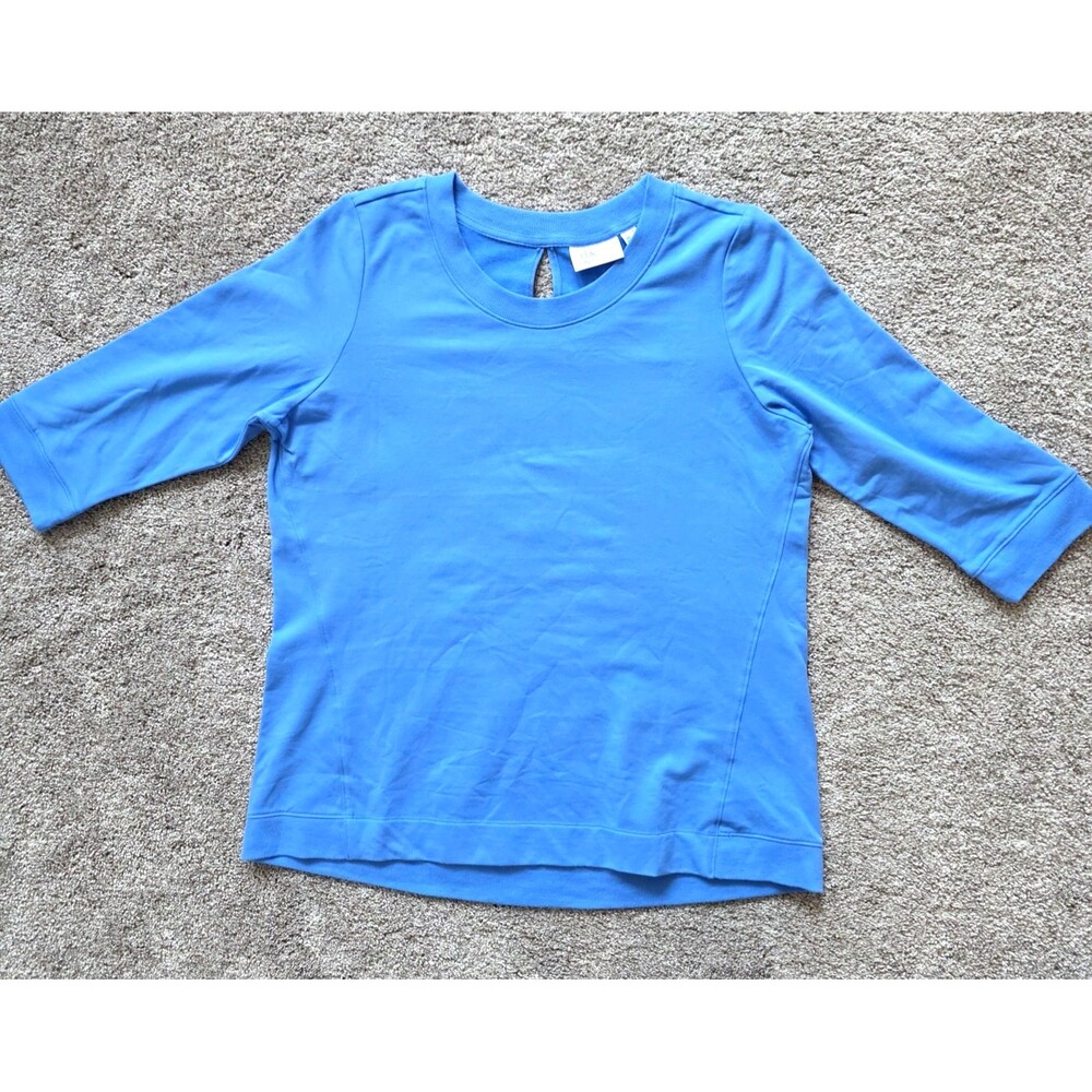 Denim & Co Active French Terry 3/4 Sleeves Top Size M Blue Rib Trim A351591